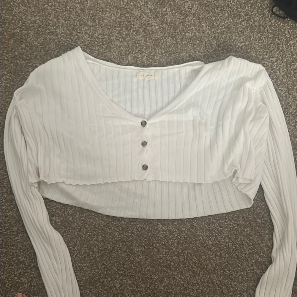 La Hearts White Ribbed Button Down Crop Top